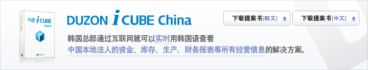 DUZON i CUBE China
韩国总部通过互联网就可以实时用韩国语查看
中国本地法人的资金、库存、生产、财务报表等所有经营信息的解决方案。